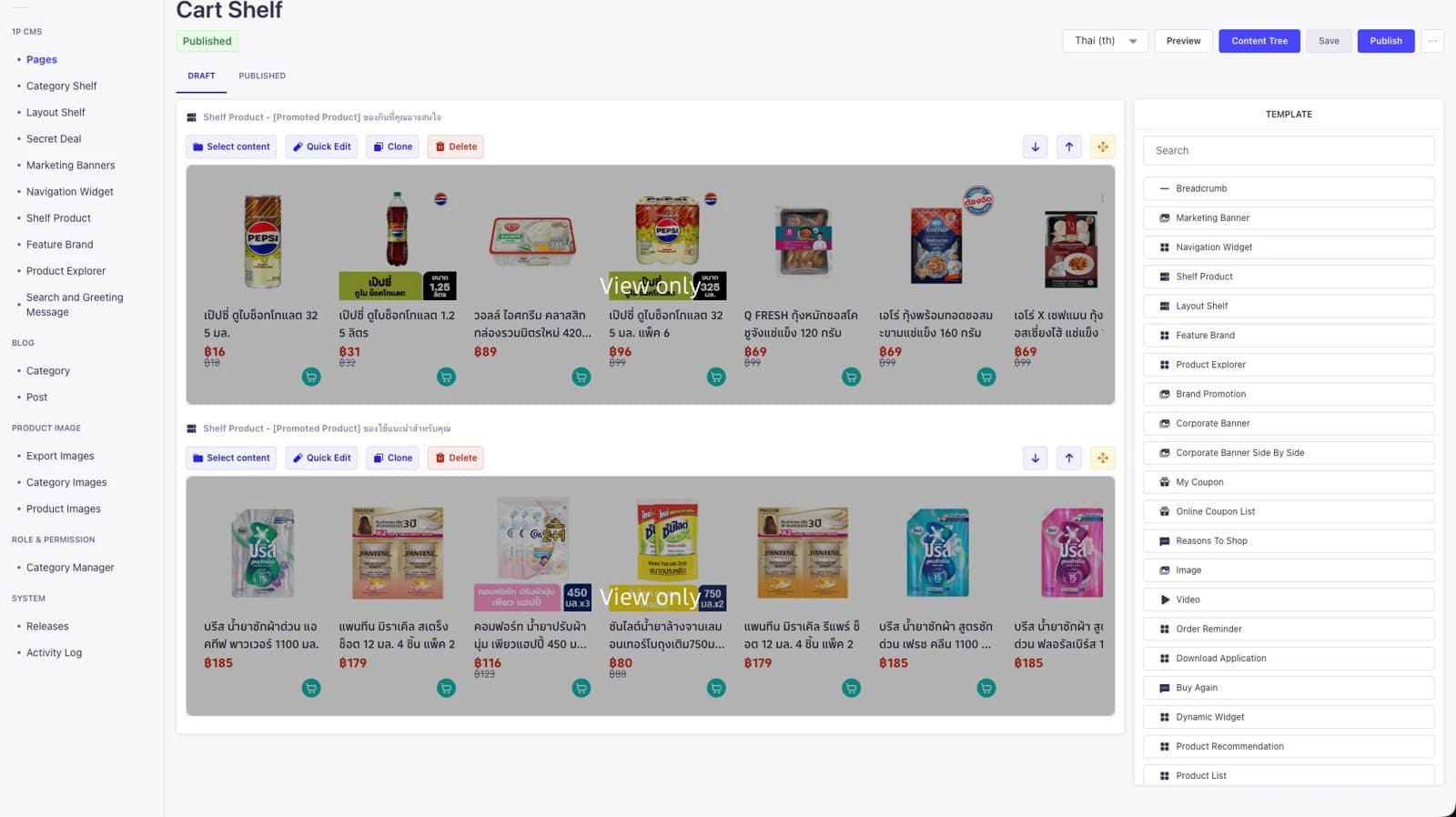 The CMS page builder: two product shelves being arranged on a cart page, with a template palette and a draft-to-publish workflow.